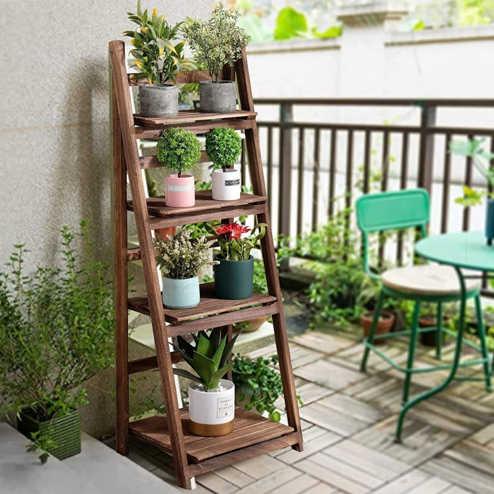 Folding 4 Tier Ladder Shelf Storage Shelving Unit Wooden Bookcase