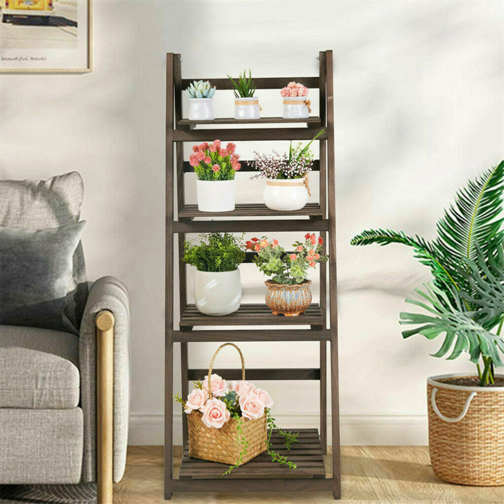Folding 4 Tier Ladder Shelf Storage Shelving Unit Wooden Bookcase
