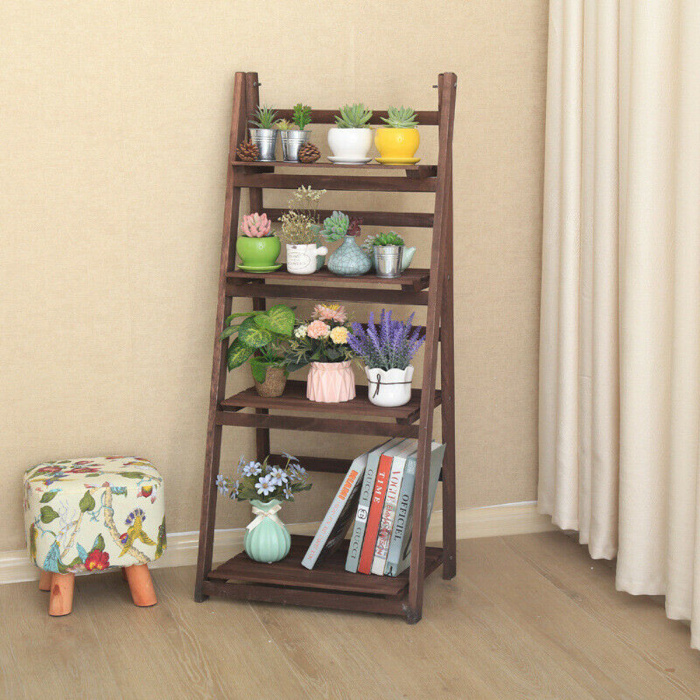 Folding 4 Tier Ladder Shelf Storage Shelving Unit Wooden Bookcase