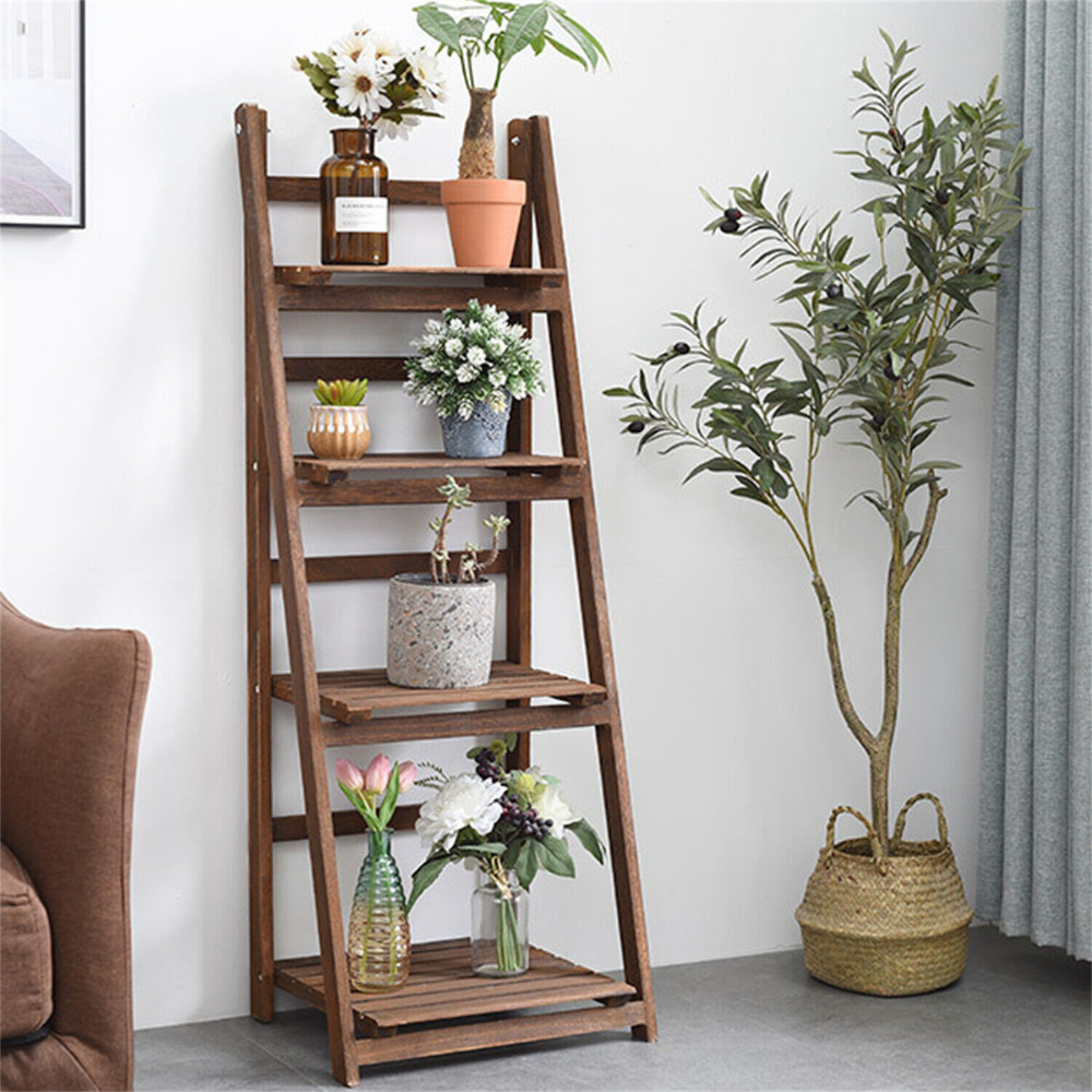 Folding 4 Tier Ladder Shelf Storage Shelving Unit Wooden Bookcase