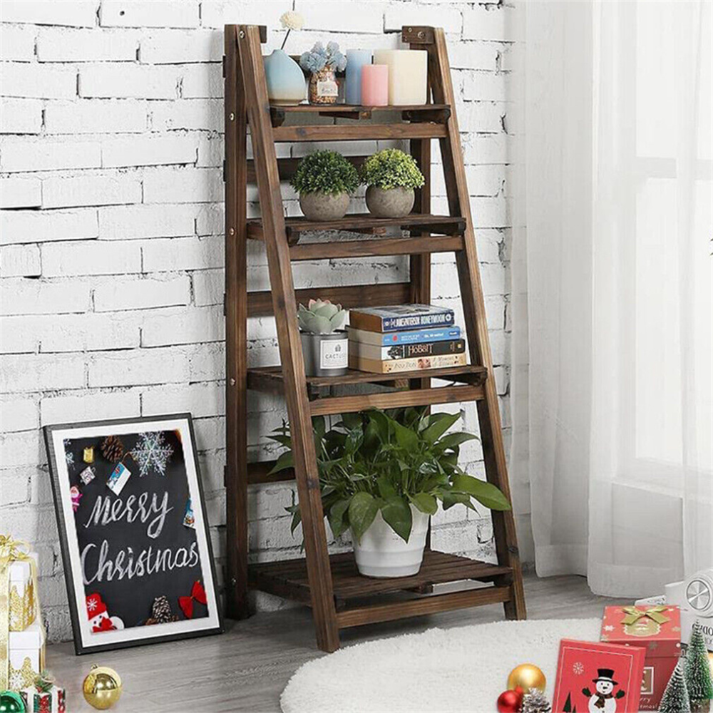 Folding 4 Tier Ladder Shelf Storage Shelving Unit Wooden Bookcase