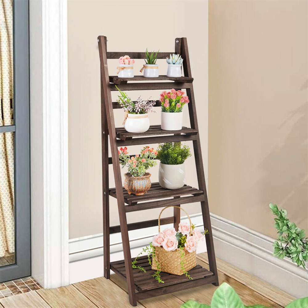 Folding 4 Tier Ladder Shelf Storage Shelving Unit Wooden Bookcase