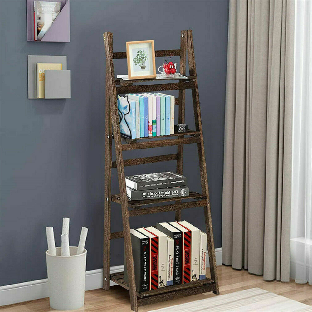 Folding 4 Tier Ladder Shelf Storage Shelving Unit Wooden Bookcase