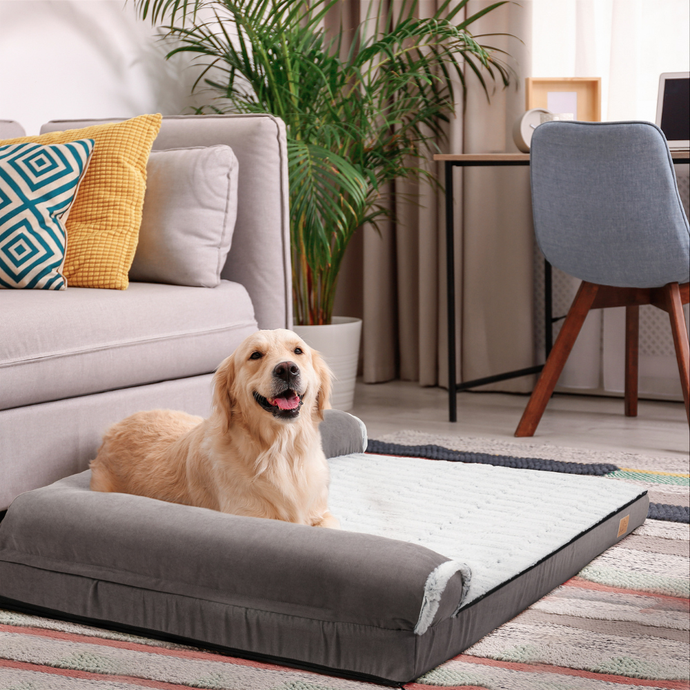 L-shape Pet Calming Bed Chaise Sofa Kennel Mat with Removable Plush Cover