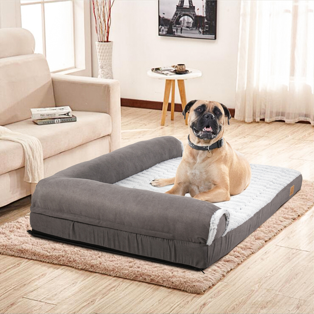 L-shape Pet Calming Bed Chaise Sofa Kennel Mat with Removable Plush Cover