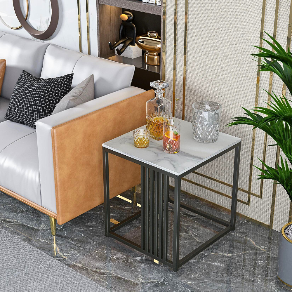 Minimalism Marble Stone Side Table White Top Black Frame