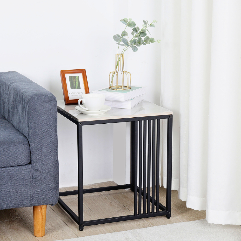 Minimalism Marble Stone Side Table White Top Black Frame