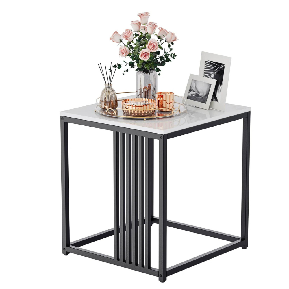 Minimalism Marble Stone Side Table White Top Black Frame