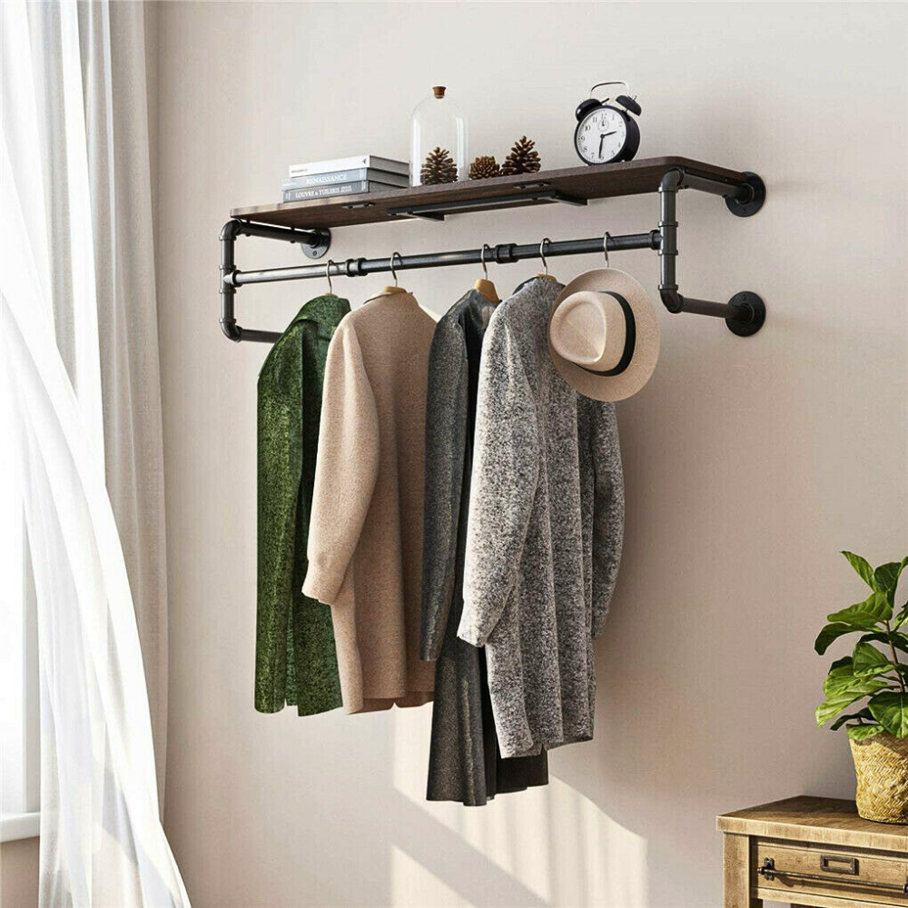 Industrial Pipe Clothes Rack with Top Shelf Coat Hanger