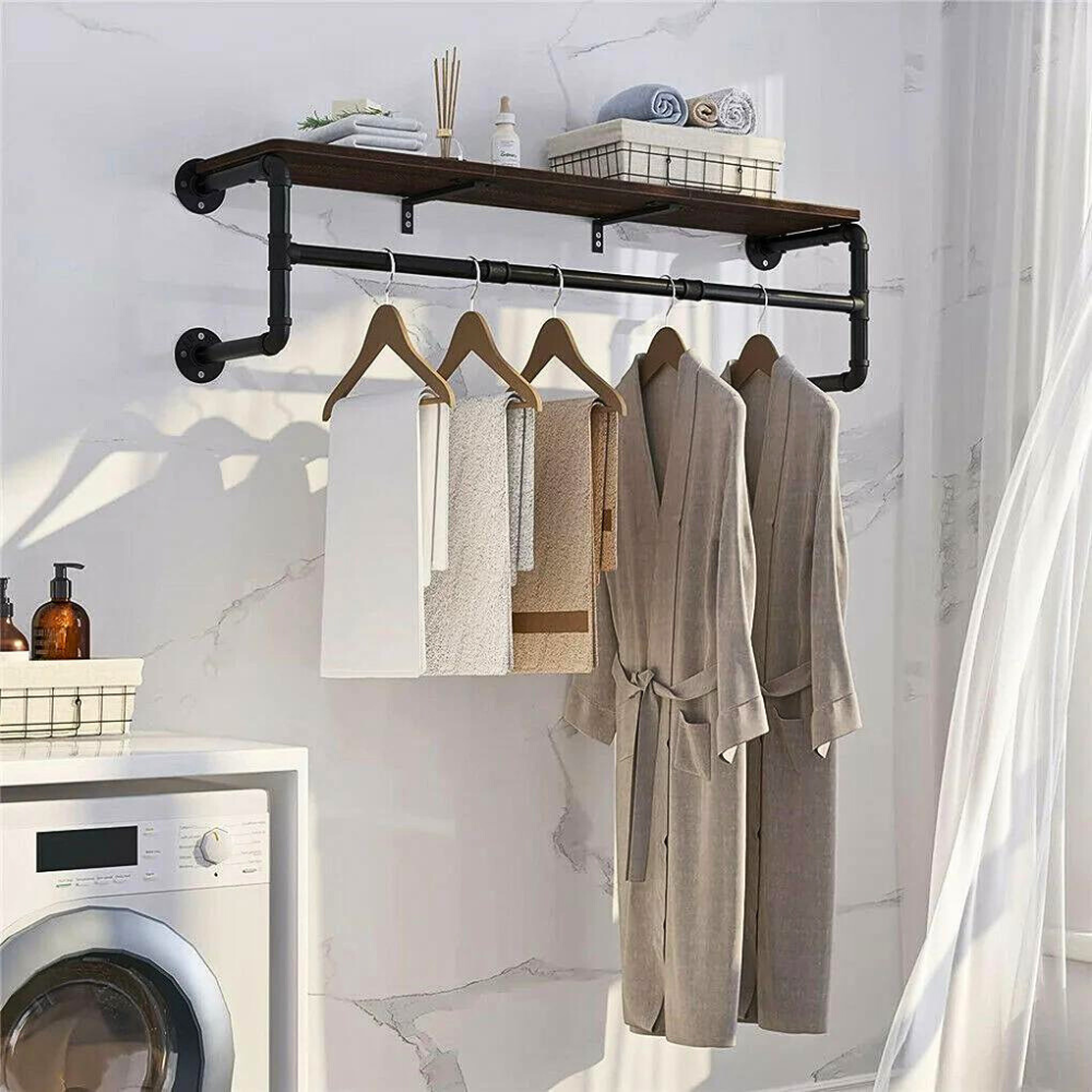 Industrial Pipe Clothes Rack with Top Shelf Coat Hanger