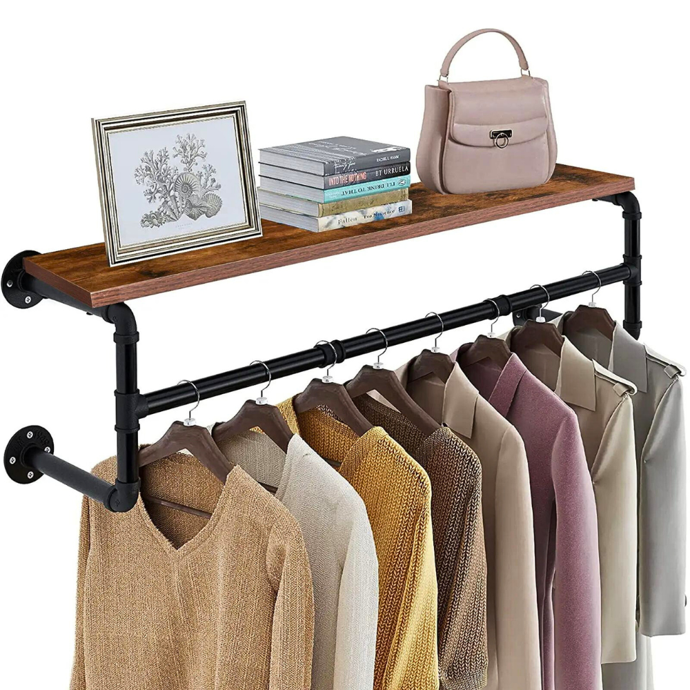 Industrial Pipe Clothes Rack with Top Shelf Coat Hanger