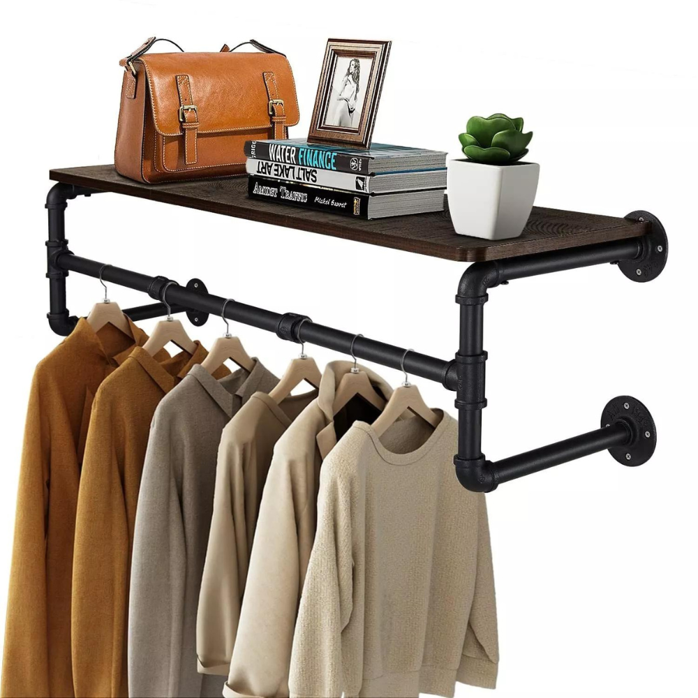 Industrial Pipe Clothes Rack with Top Shelf Coat Hanger