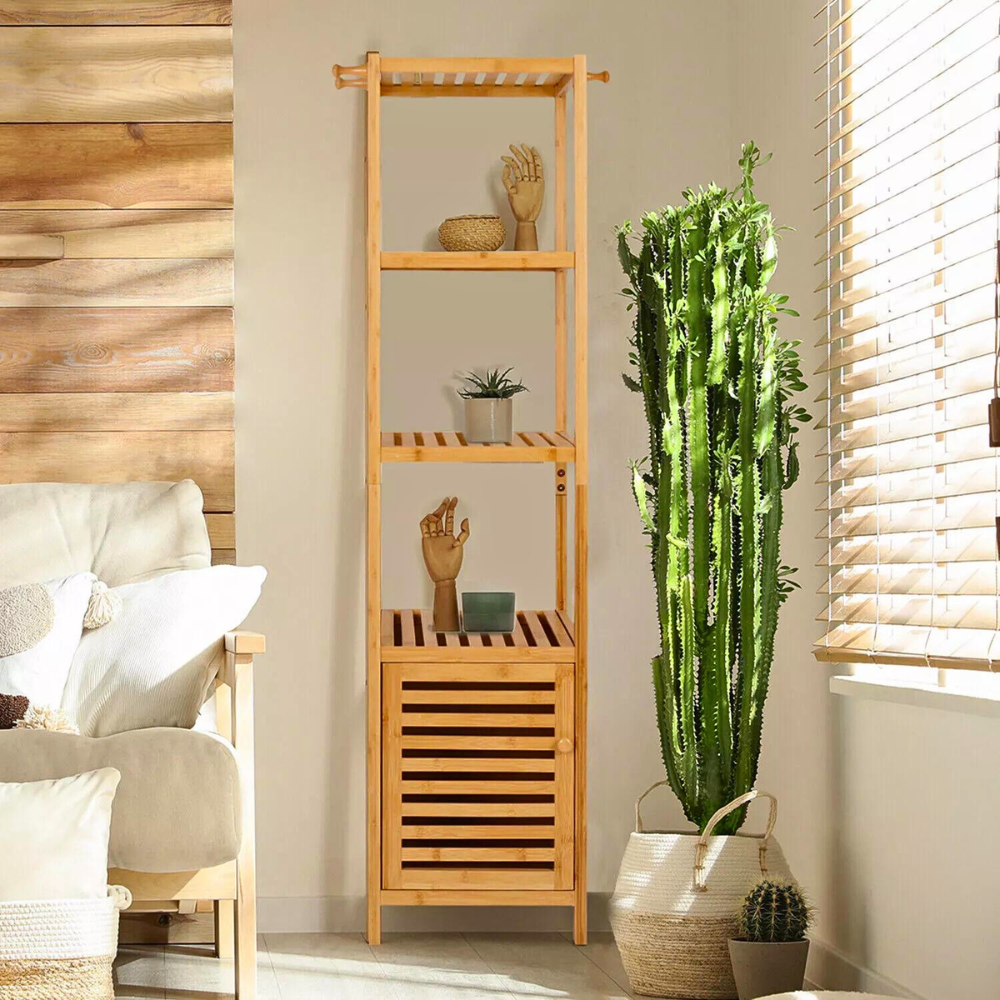 Tall Slim Bamboo Bathroom Storage Cabinet with 3-tier Shelves