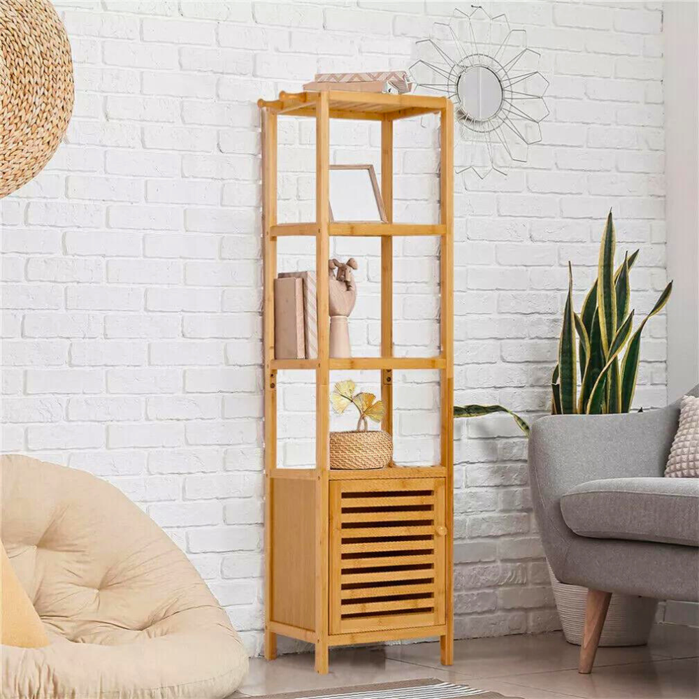 Tall Slim Bamboo Bathroom Storage Cabinet with 3-tier Shelves