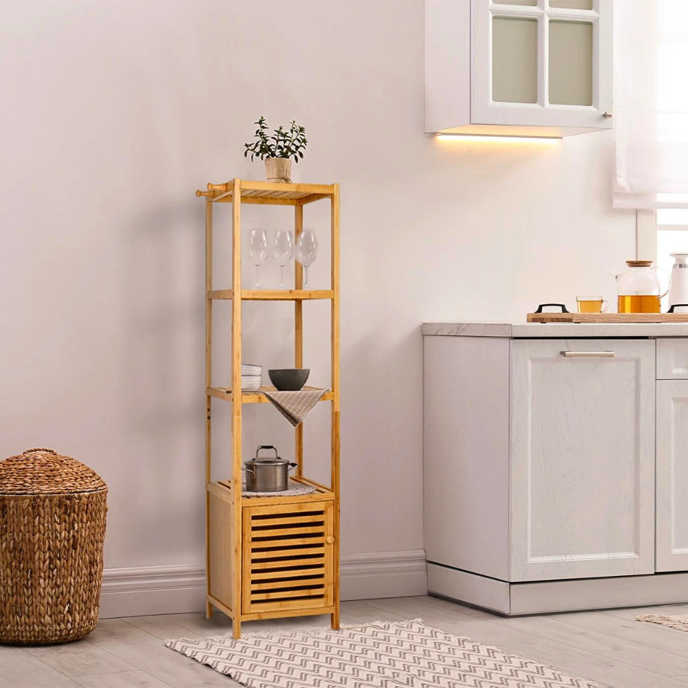 Tall Slim Bamboo Bathroom Storage Cabinet with 3-tier Shelves
