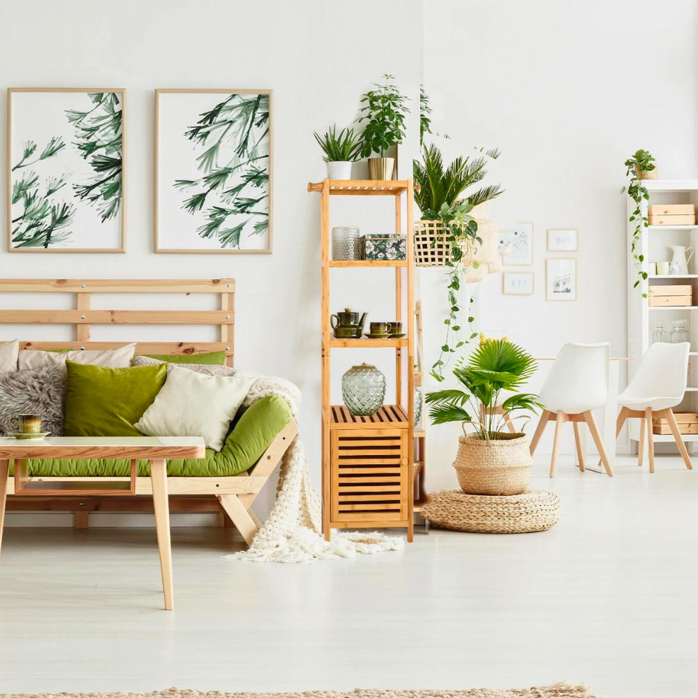 Tall Slim Bamboo Bathroom Storage Cabinet with 3-tier Shelves