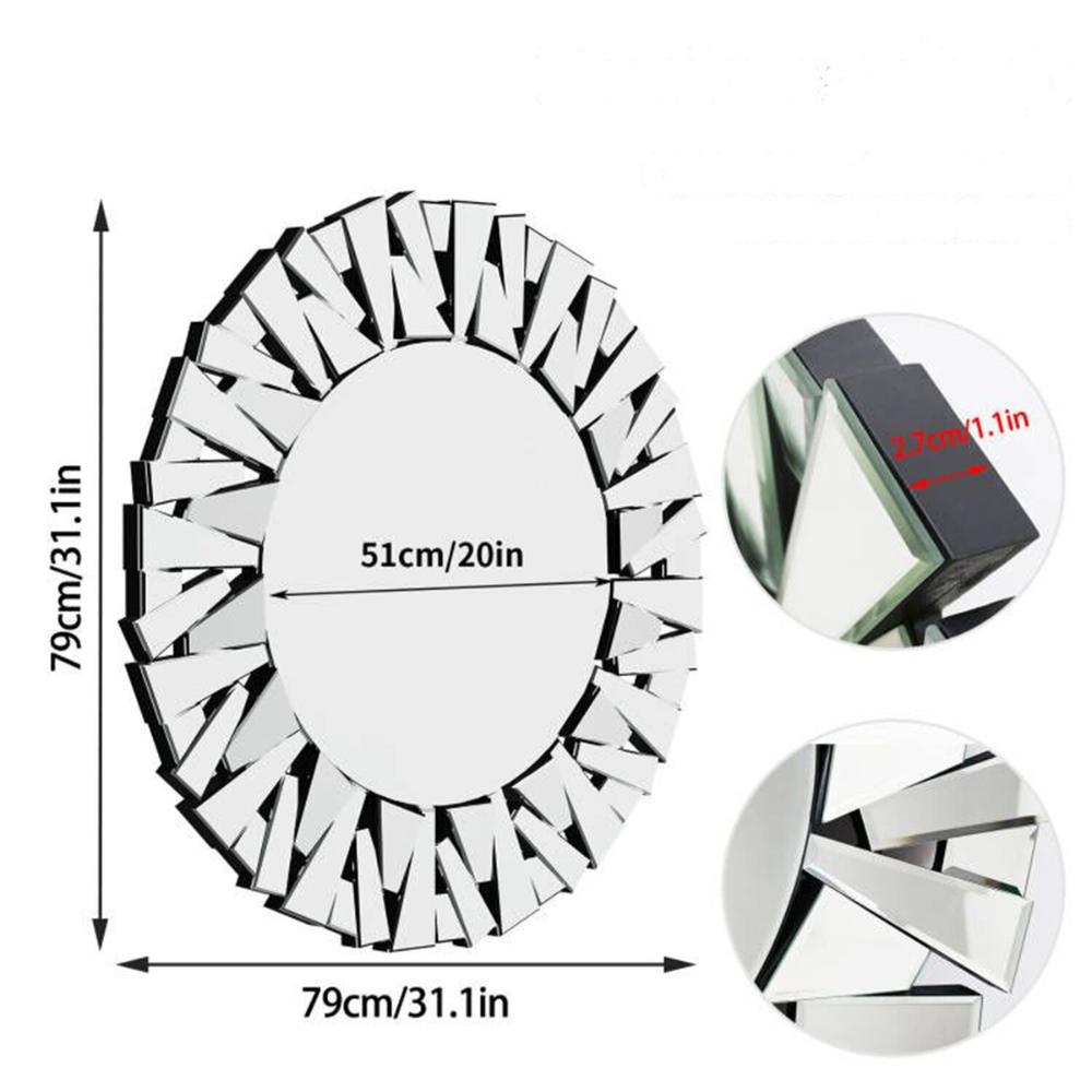 Unique Sunburst Decorative Wall Mounted Beveled Glass Accent Mirror - Round 80CM Silver