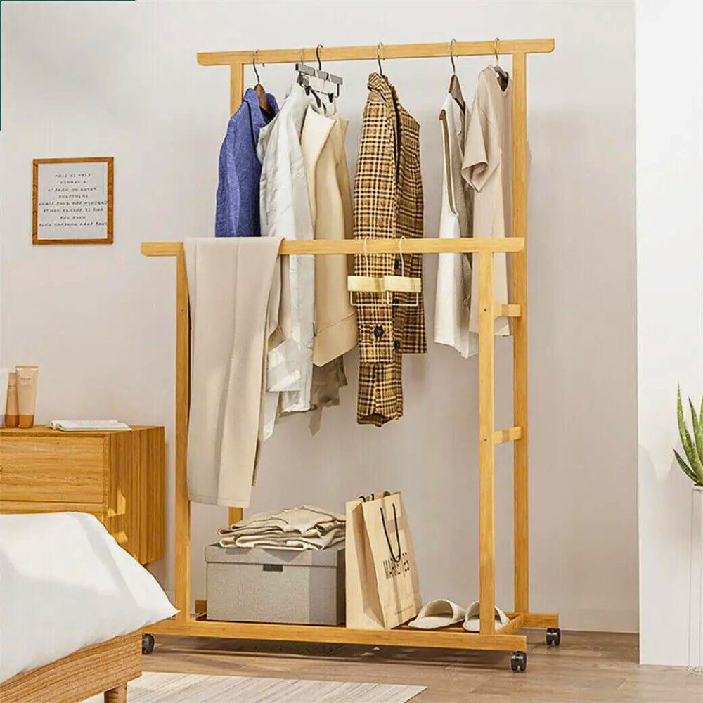 Free Standing Bamboo Double Hanging Clothes Organizer on Wheels
