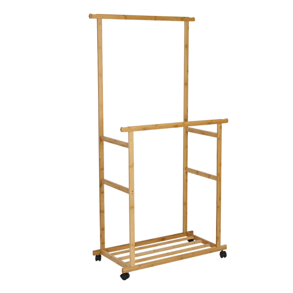 Free Standing Bamboo Double Hanging Clothes Organizer on Wheels