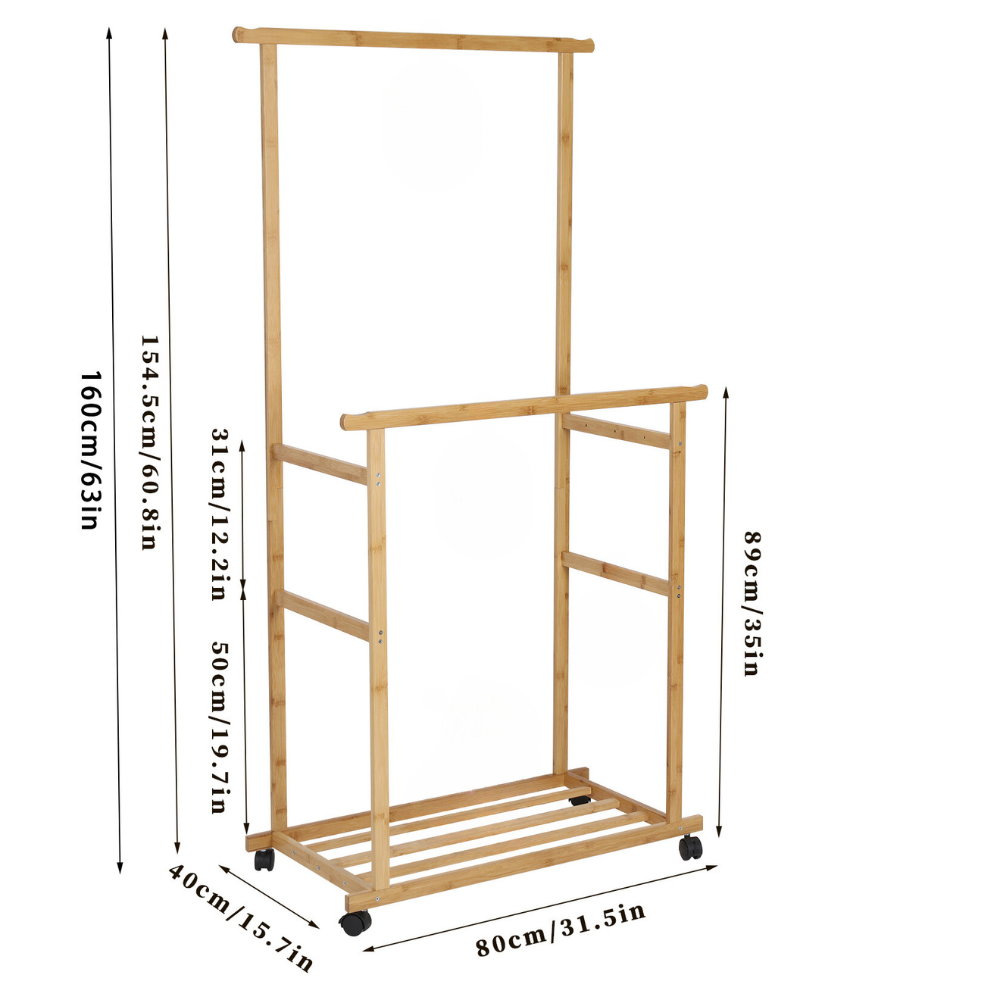 Free Standing Bamboo Double Hanging Clothes Organizer on Wheels