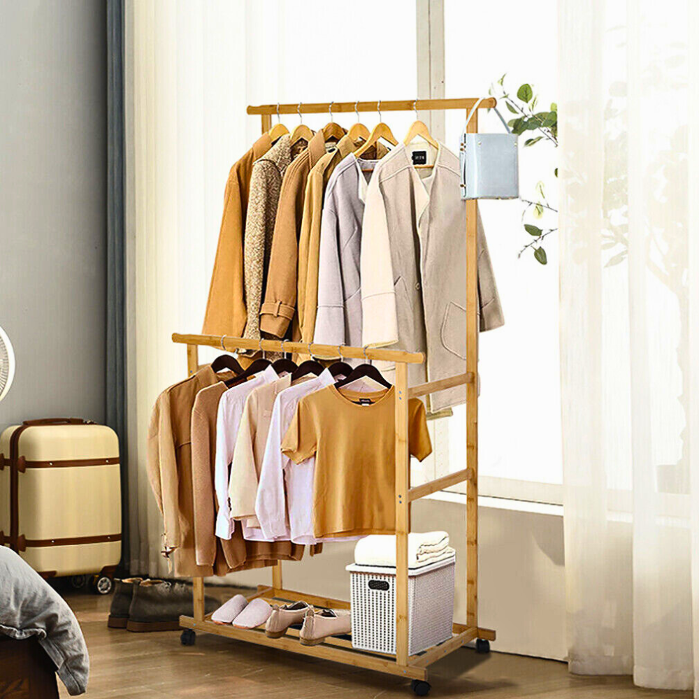 Free Standing Bamboo Double Hanging Clothes Organizer on Wheels