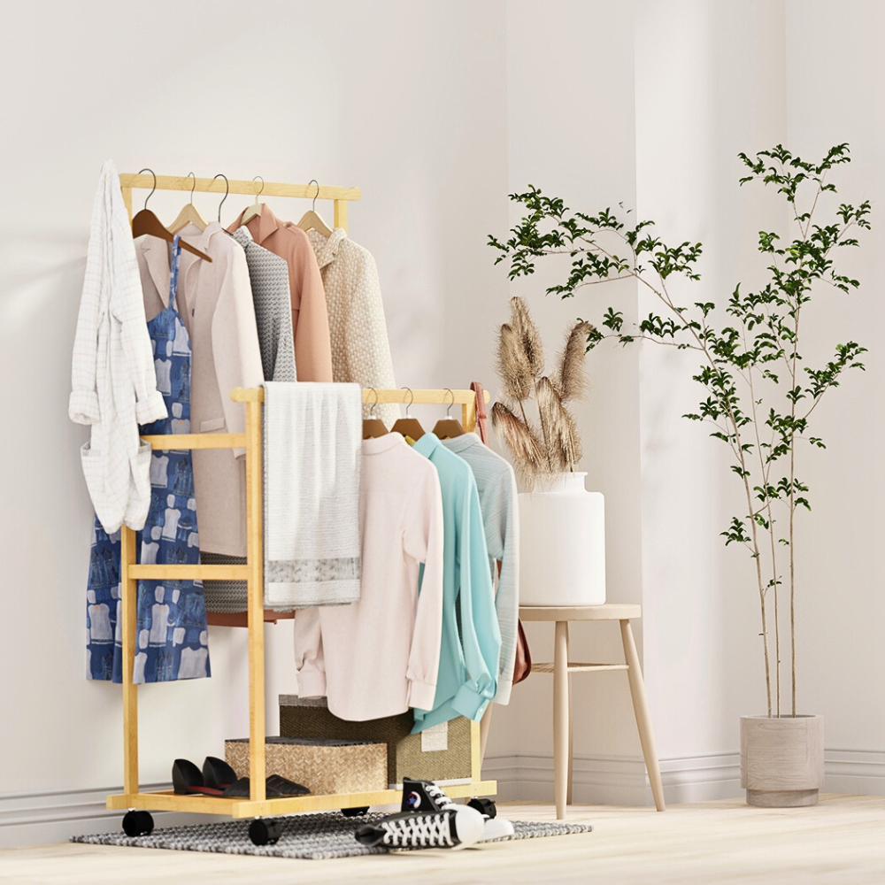 Free Standing Bamboo Double Hanging Clothes Organizer on Wheels