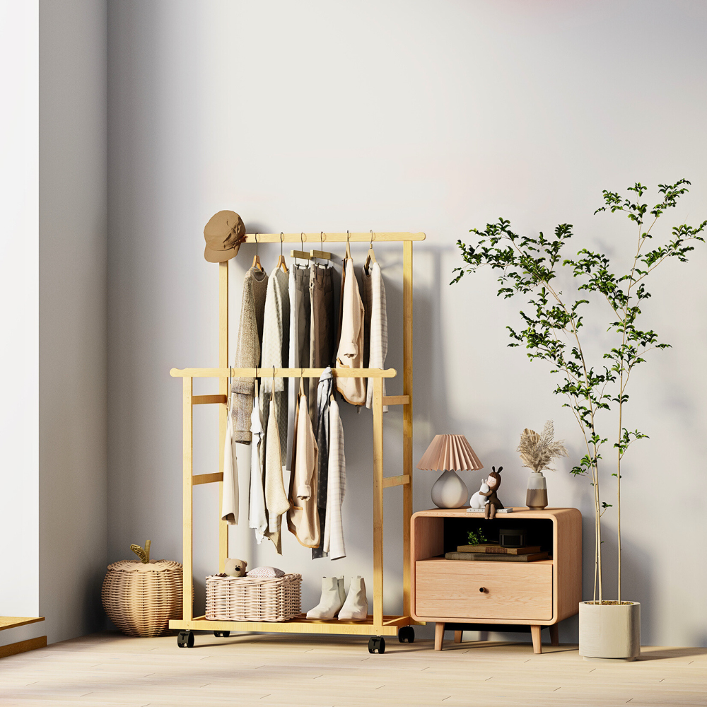 Free Standing Bamboo Double Hanging Clothes Organizer on Wheels