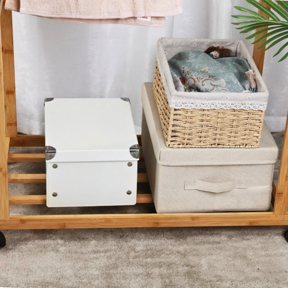 Free Standing Bamboo Double Hanging Clothes Organizer on Wheels