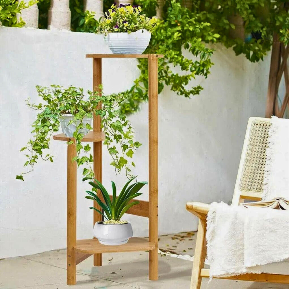 3 Tier Bamboo Tall Corner Plant Rack Planter Stand Flower Pot Holder