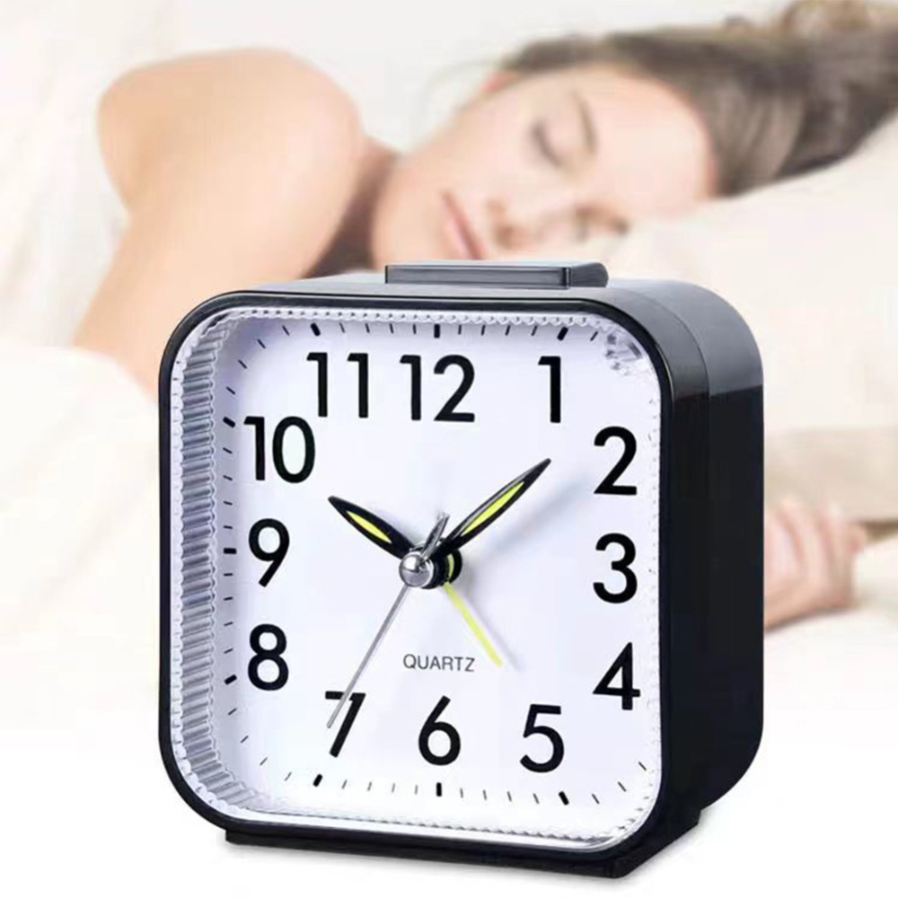 Mini Square Silent Alarm Clocks Non-ticking Analog Quartz Clock with LED - Battery Power