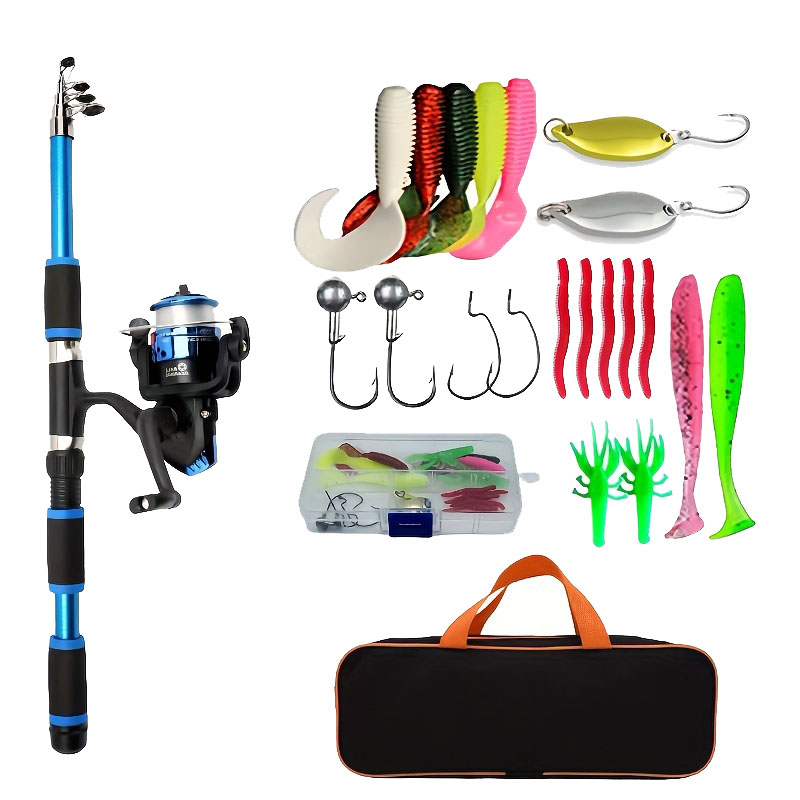 Telescopic Fishing Rod And Spinning Reel Baits Hooks Travel Pole Set