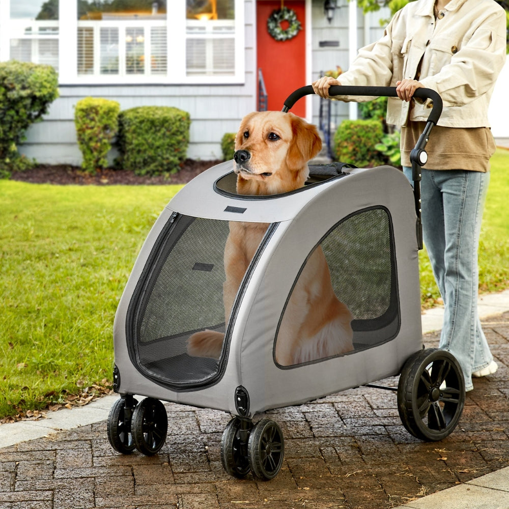 Premium Dog Stroller with 160lbs Capacity 4 Wheels Height Adjustable and Brakes