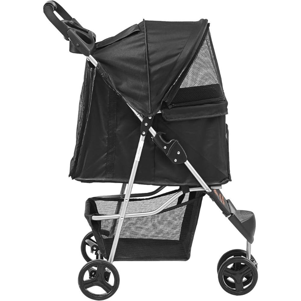3 Wheel Black Dog Stroller with Front Pedal Storage Basket and Cup Holder