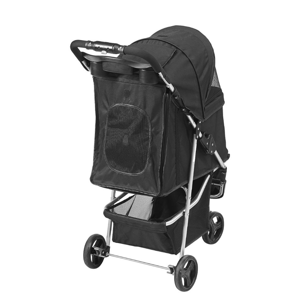3 Wheel Black Dog Stroller with Front Pedal Storage Basket and Cup Holder