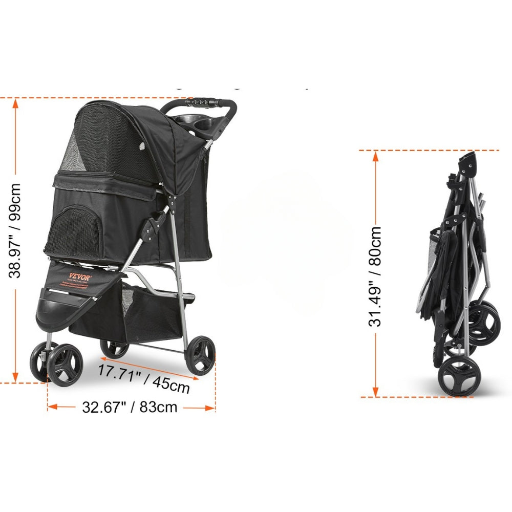 3 Wheel Black Dog Stroller with Front Pedal Storage Basket and Cup Holder
