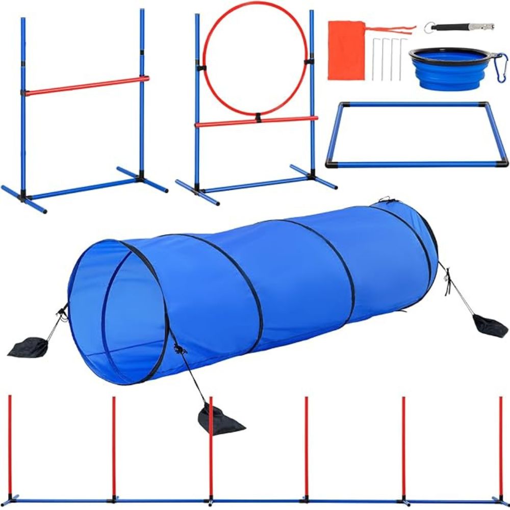 5 Piece Dog Agility Training Set Upgrade with Adjustable Hurdles and Extended Tunnel