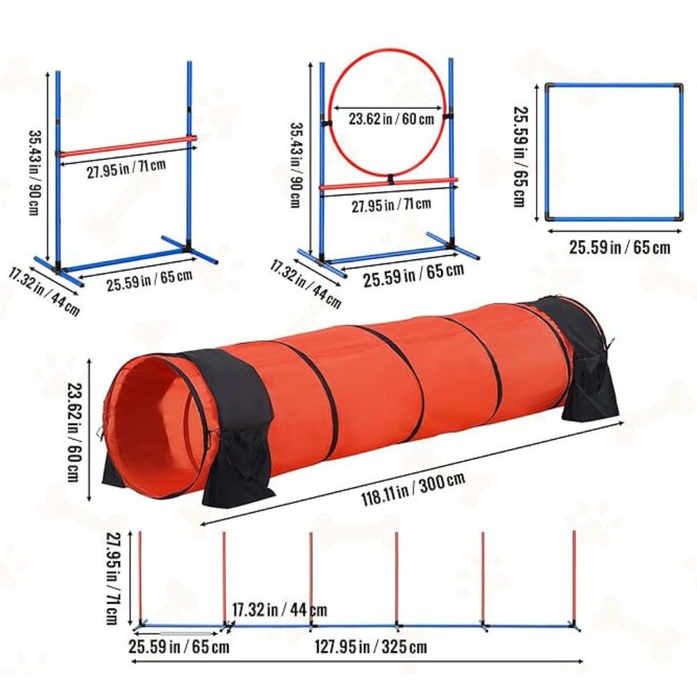 5 Piece Dog Agility Training Set Upgrade with Adjustable Hurdles and Extended Tunnel