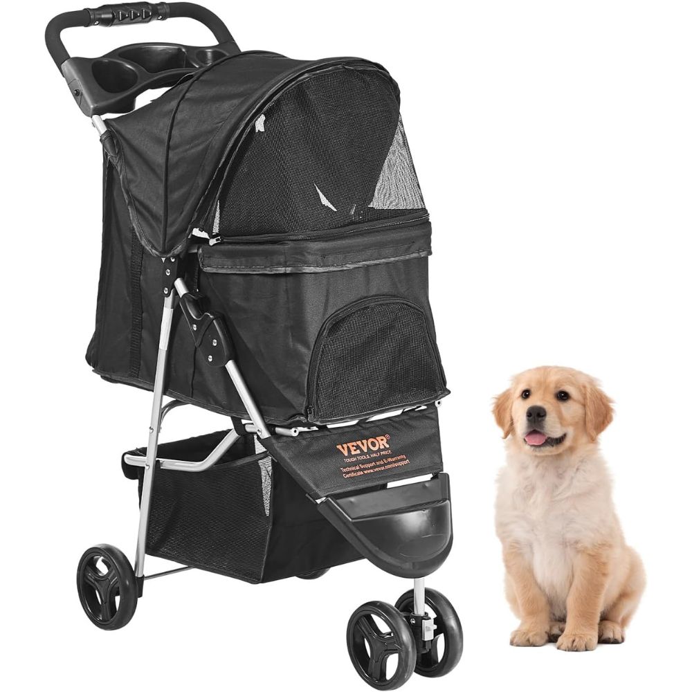 3 Wheel Black Dog Stroller with Front Pedal Storage Basket and Cup Holder
