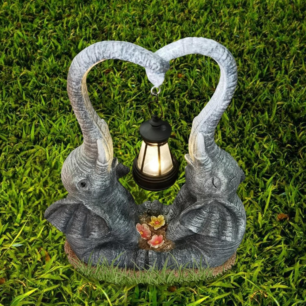 Double Elephant Solar Lamp Outdoor Statue