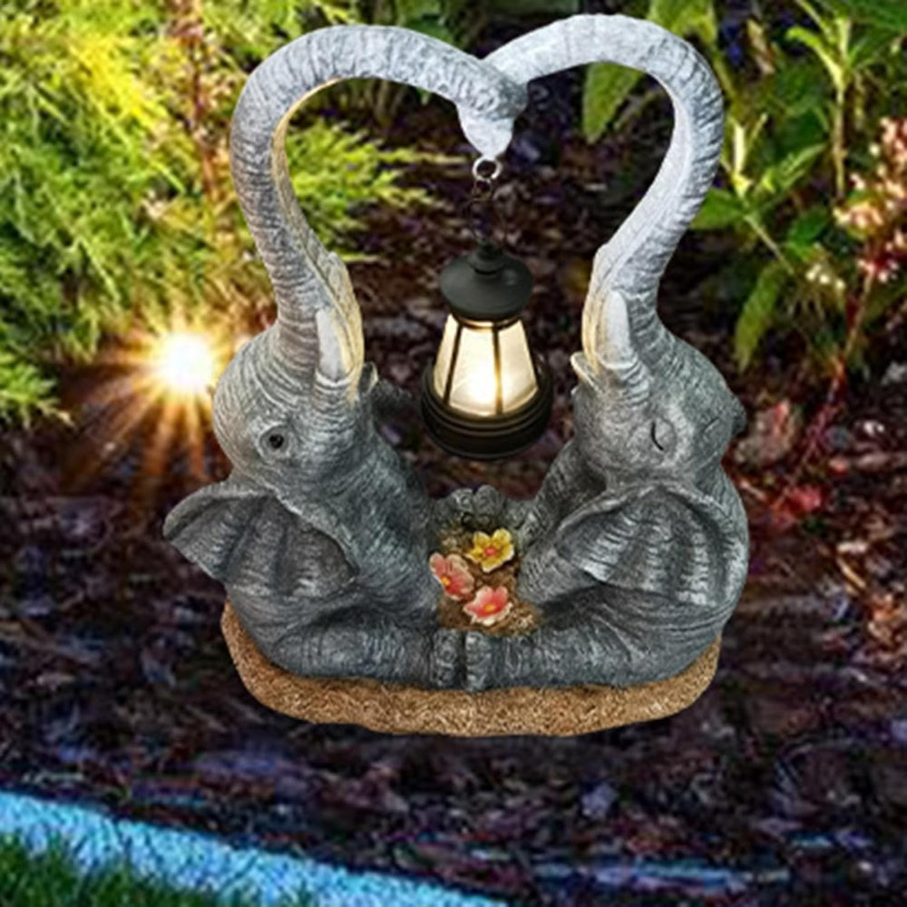 Double Elephant Solar Lamp Outdoor Statue