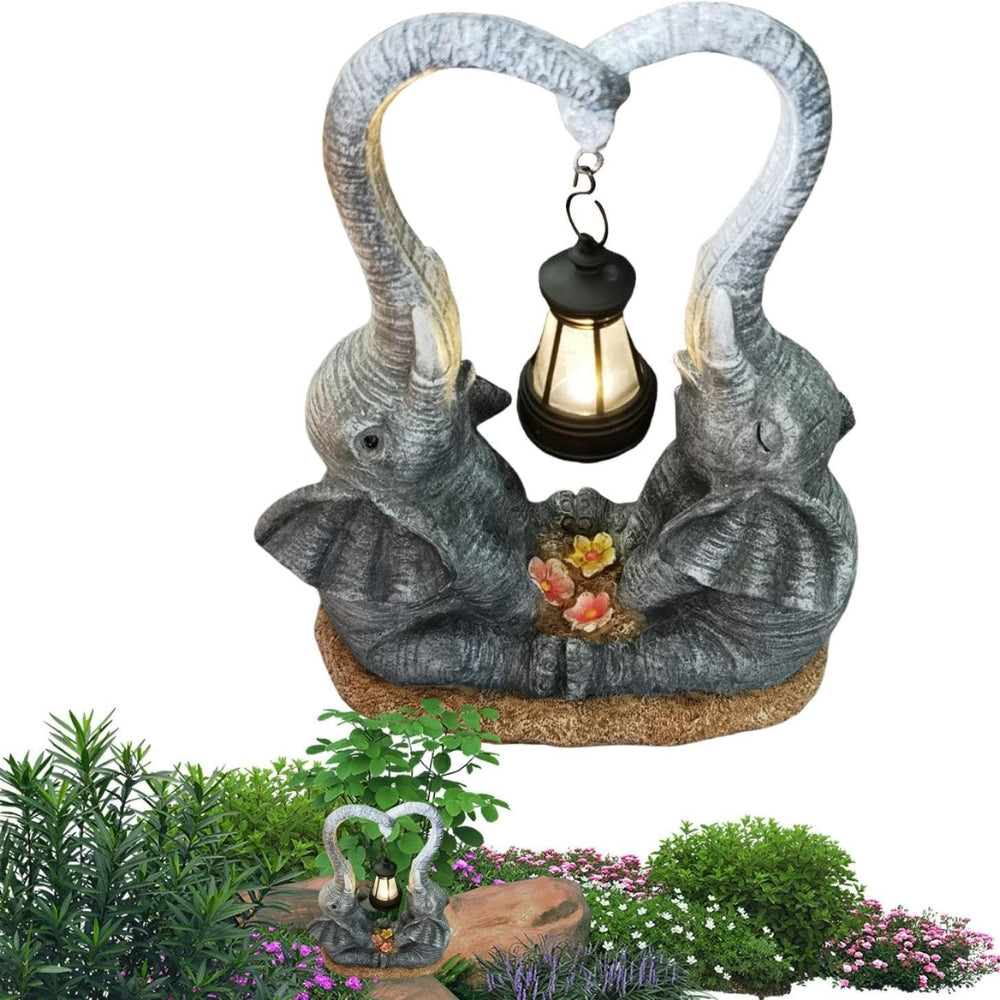 Double Elephant Solar Lamp Outdoor Statue