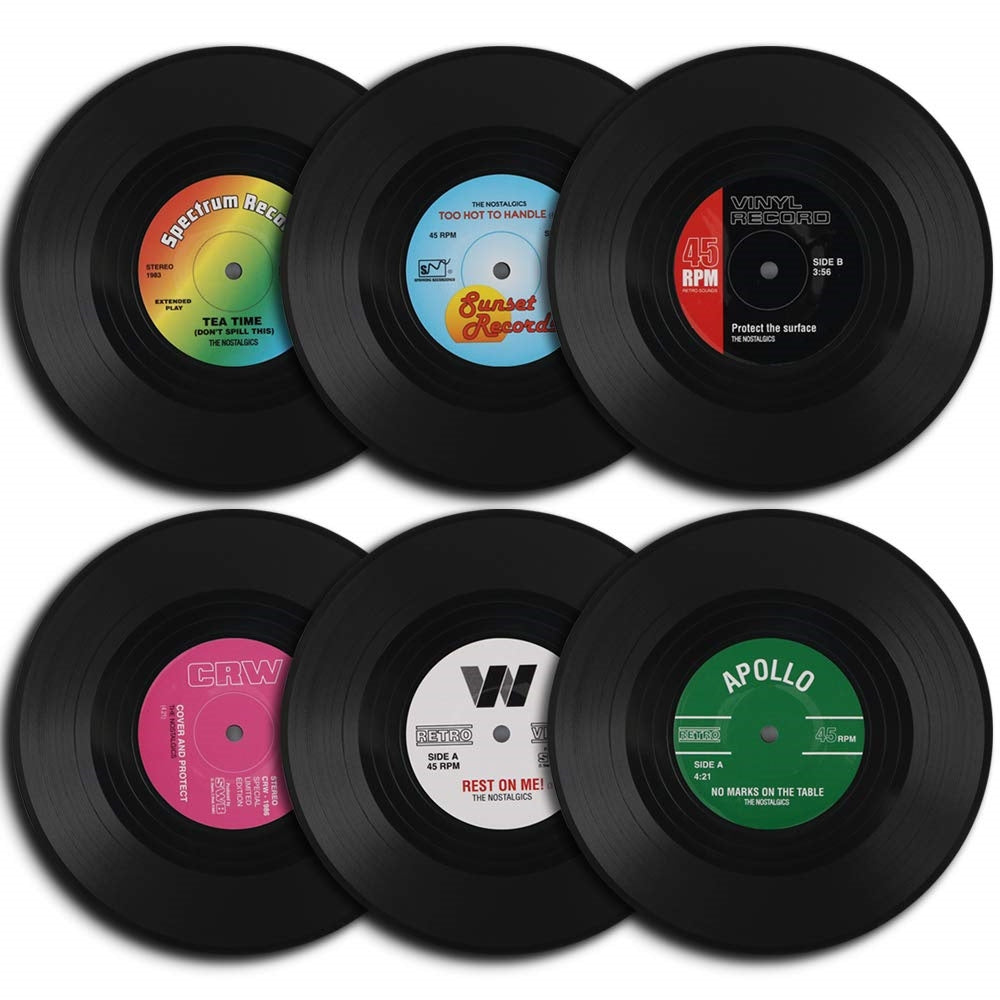 Set of 6 Colorful Retro Vinyl Record Disk Coasters for Drinks Vinyl Record Coaster Set