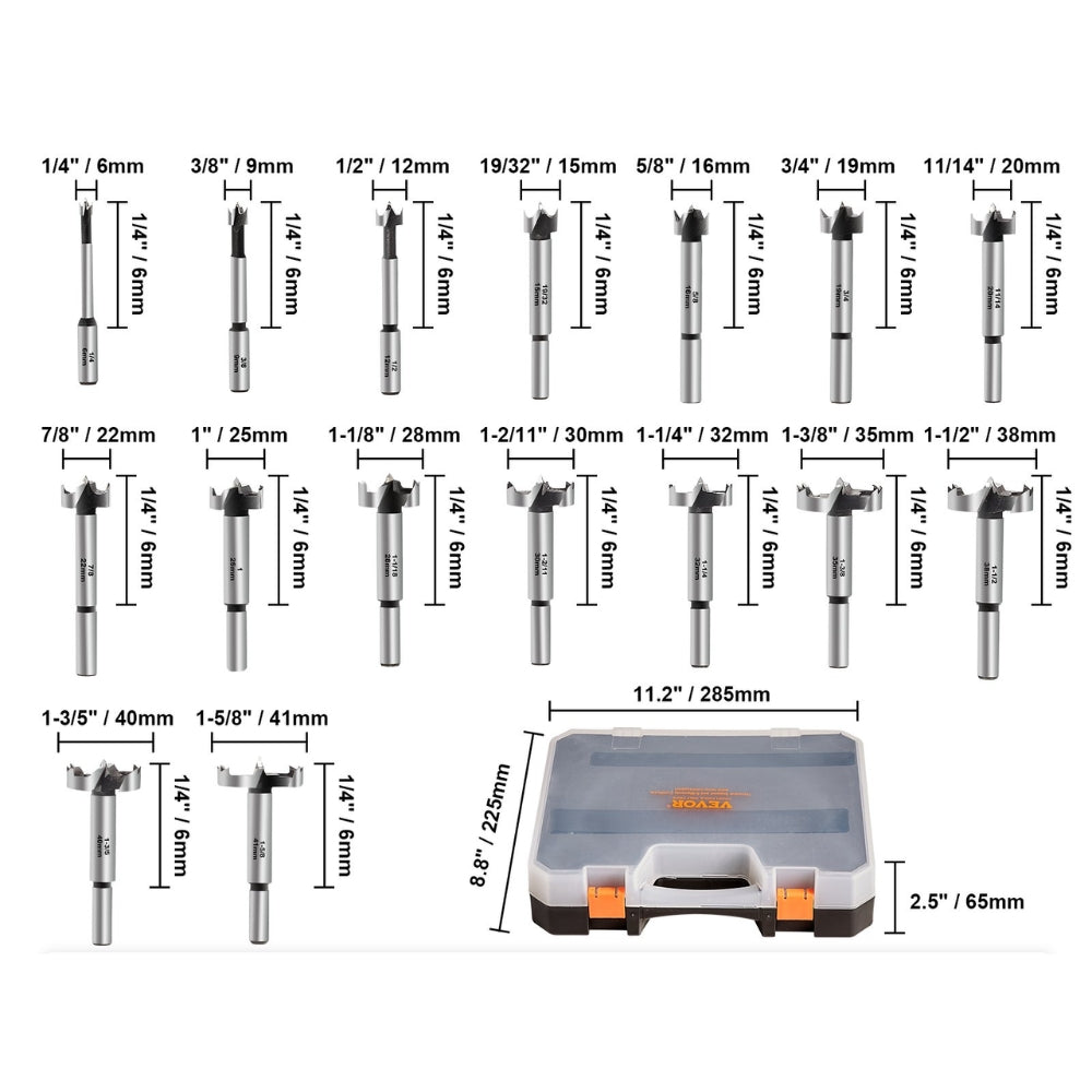16Pcs Forstner Bit Set Forstner Drill Bits Set Carbon Steel with Universal Round Shank Forstner Drill