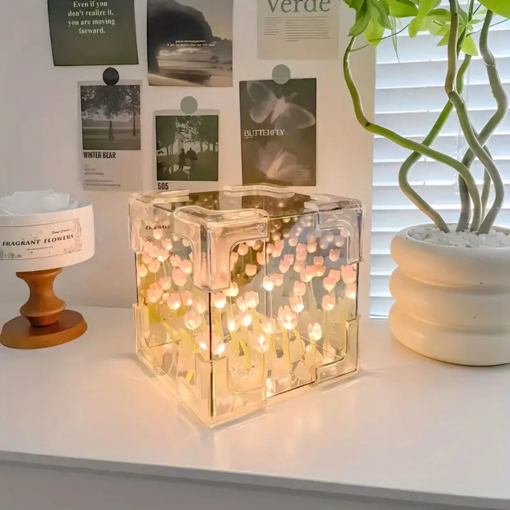 DIY Tulip Night Light Cube Mirror  Tulip Lamp Decorative Tulip Mirror Lamp