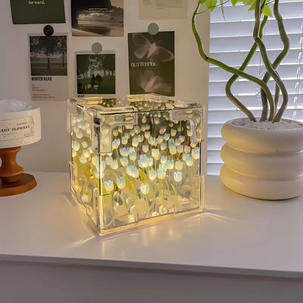 DIY Tulip Night Light Cube Mirror  Tulip Lamp Decorative Tulip Mirror Lamp