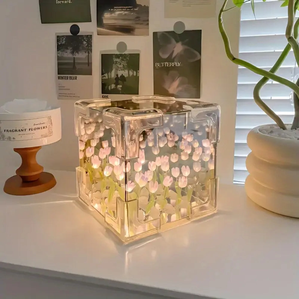 DIY Tulip Night Light Cube Mirror  Tulip Lamp Decorative Tulip Mirror Lamp