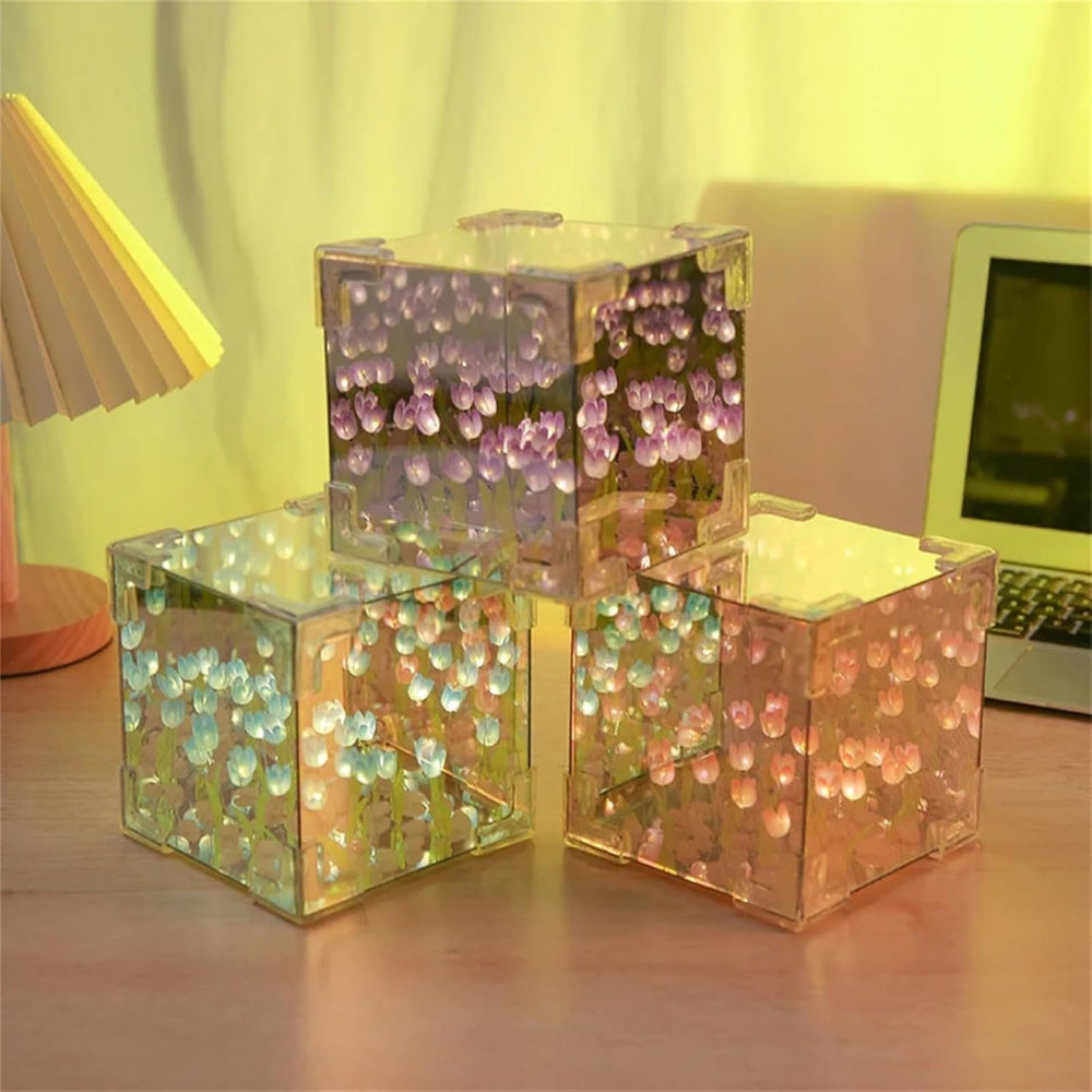 DIY Tulip Night Light Cube Mirror  Tulip Lamp Decorative Tulip Mirror Lamp