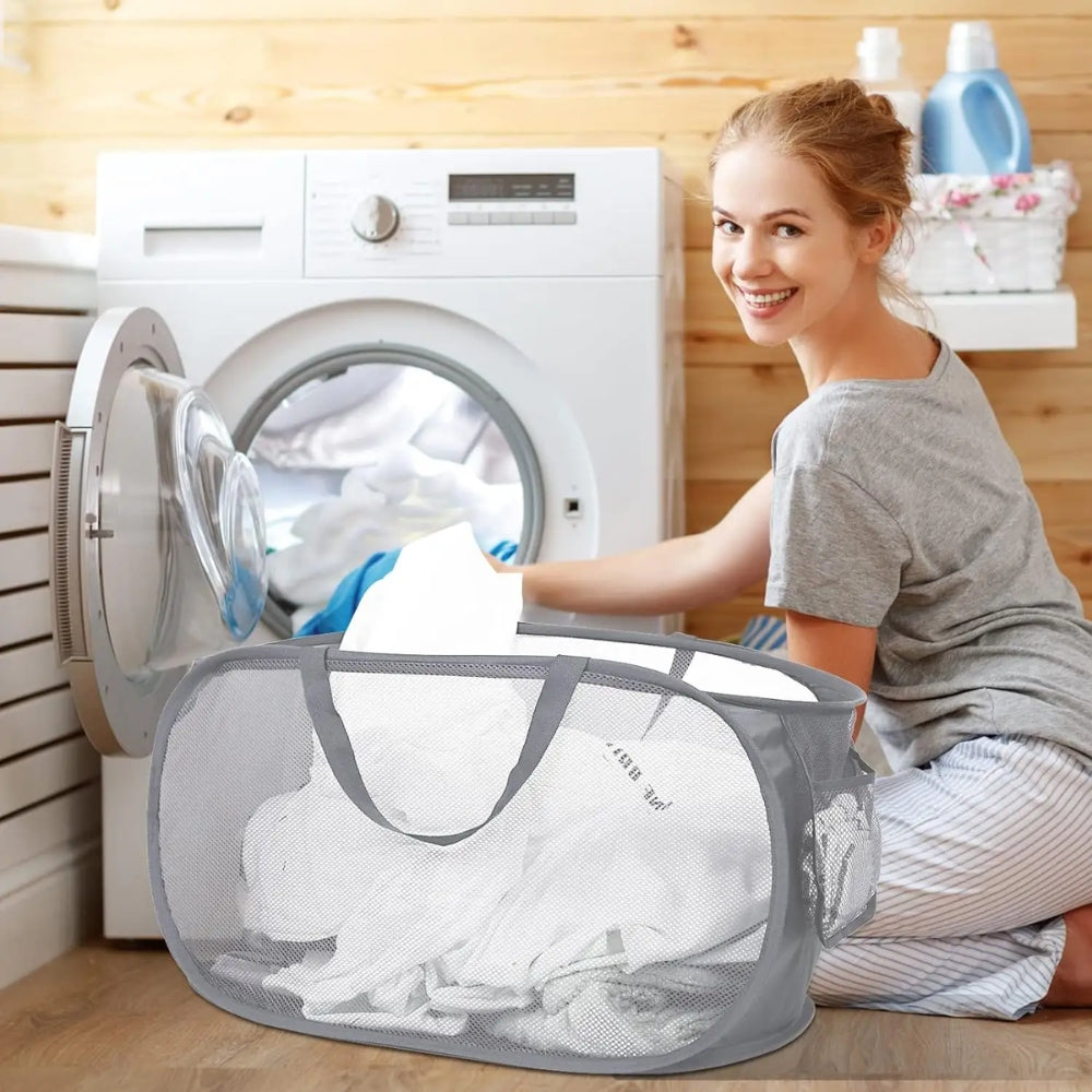 Durable Collapsible Laundry Basket Mesh Pop Up Laundry Hamper With Side Pocket