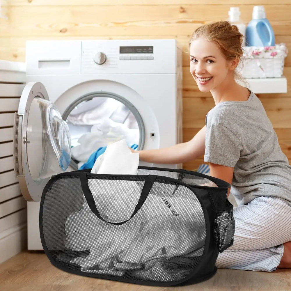 Durable Collapsible Laundry Basket Mesh Pop Up Laundry Hamper With Side Pocket