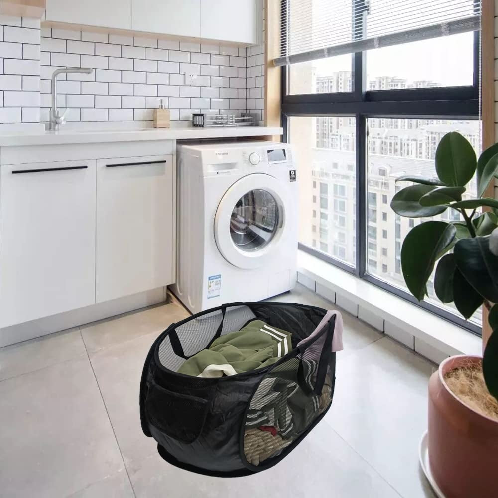 Durable Collapsible Laundry Basket Mesh Pop Up Laundry Hamper With Side Pocket